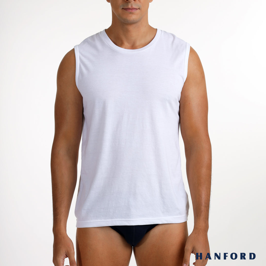 Hanford Men R-Neck Cotton Modern Fit Sleeveless Shirt - White (Single