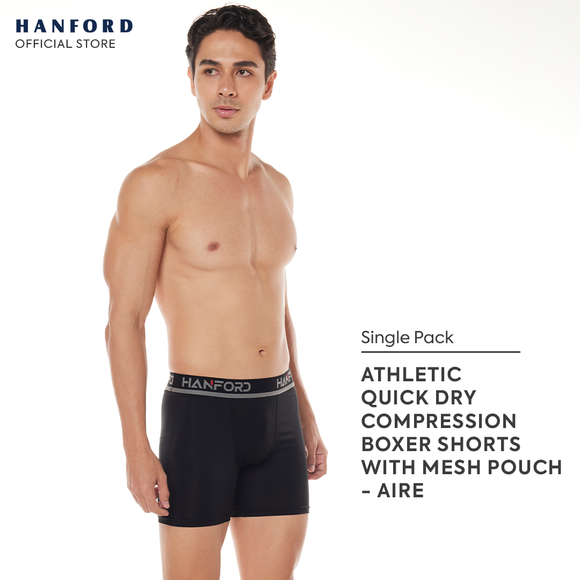 Hanford Athletic Men Pro Cool 2.0 Quick Dry Compression Boxer Shorts With Mesh Pouch Aire - Black (Single Pack)