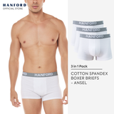 Hanford Men Cotton w/ Spandex Boxer Briefs Ansel - White (3in1 Pack) S-4X Big Plus Size