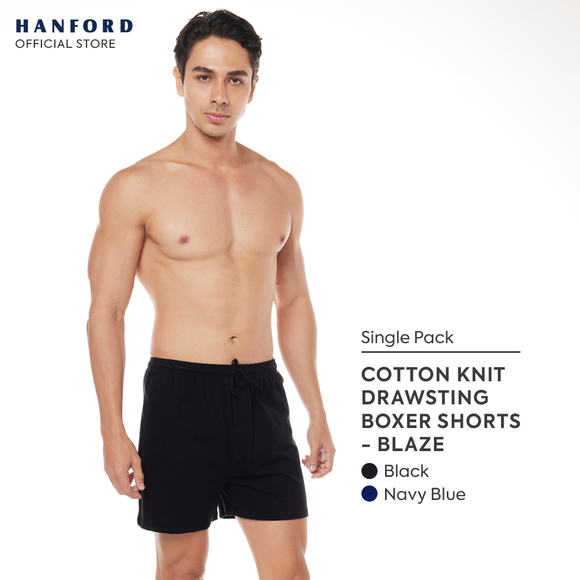 Hanford Men Premium Cotton Knit Lounge Sleep Drawstring Boxer Shorts Blaze - Black (Single Pack)