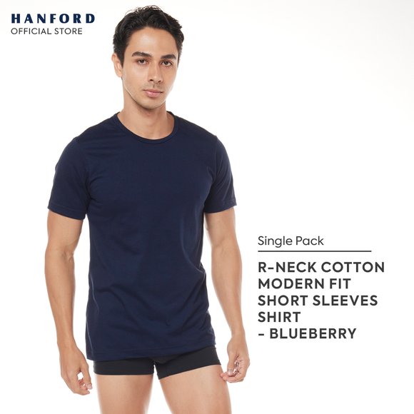 Hanford Men Teens R-Neck Cotton Knit Modern Fit Short Sleeves Shirt - Blueberry (SinglePack)