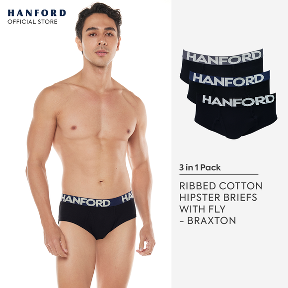 Hanford Men Premium Ribbed Cotton Modern Hipster Briefs w/ Fly Opening Braxton - Assorted Colors (3in1 Pack)
