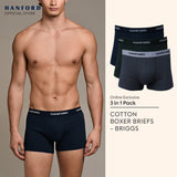 Hanford Men Natural Cotton Knit Boxer Briefs No Spandex OG Briggs - Assorted (3in1 Pack) S-2X