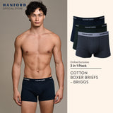 Hanford Men Natural Cotton Knit Boxer Briefs No Spandex OG Briggs - Assorted (3in1 Pack) S-2X