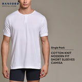 Hanford Men Camisa Cotton Knit Modern Fit Short Sleeves Shirt - White (Single Pack)
