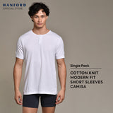 Hanford Men Camisa Cotton Knit Modern Fit Short Sleeves Shirt - White (Single Pack)