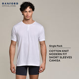 Hanford Men Camisa Cotton Knit Modern Fit Short Sleeves Shirt - White (Single Pack)