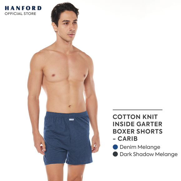 Hanford Men Premium Cotton Knit Lounge/Sleep/Boxer Shorts - Carib/True Blue/Denim (Single Pack)