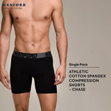 Hanford Athletic Men Cotton Spandex Compression Boxer Shorts Chase - Black (SinglePack)
