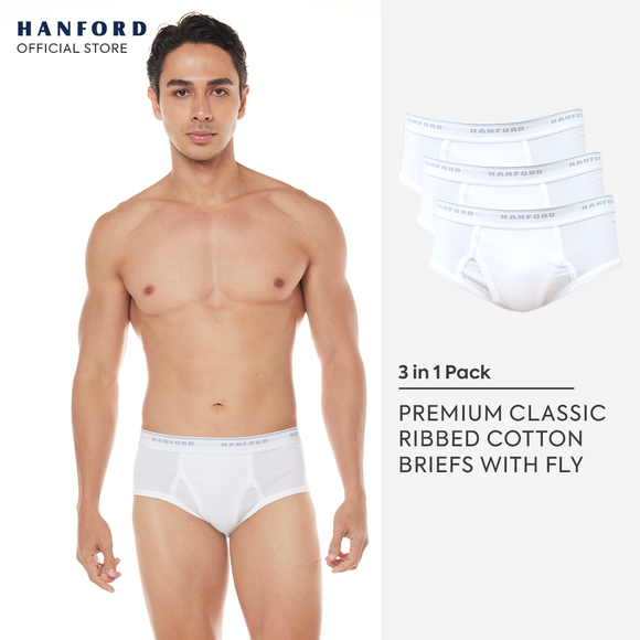Hanford Men Premium Ribbed Cotton Classic Briefs w/ Fly Opening Double Padded Back - White (3in1 Pack)