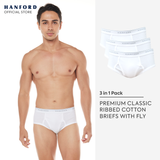 Hanford Men Premium Ribbed Cotton Classic Briefs w/ Fly Opening Double Padded Back - White (3in1 Pack)