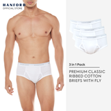 Hanford Men Premium Ribbed Cotton Classic Briefs w/ Fly Opening Double Padded Back - White (3in1 Pack)