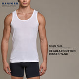 Hanford Men Regular Cotton Rib Tank - White Ribbed Fabric (Single Pack)