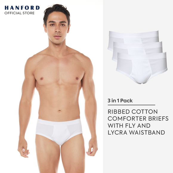Hanford Men Premium Ribbed Cotton Comforter Briefs w/ Fly Opening w/ Lycra Waistband - White (3in1 Pack)