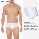 Hanford Men Premium Ribbed Cotton Comforter Briefs w/ Fly Opening w/ Lycra Waistband - White (3in1 Pack)