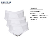 Hanford Kids Premium Ribbed Cotton Comforter Briefs w/ Fly Opening w/ Lycra Waistband - White (3in1 Pack)