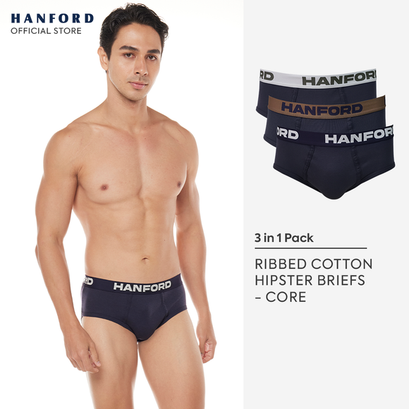 Hanford Men Premium Ribbed Cotton Modern Hipster Briefs Core - Assorted Colors (3in1 Pack)