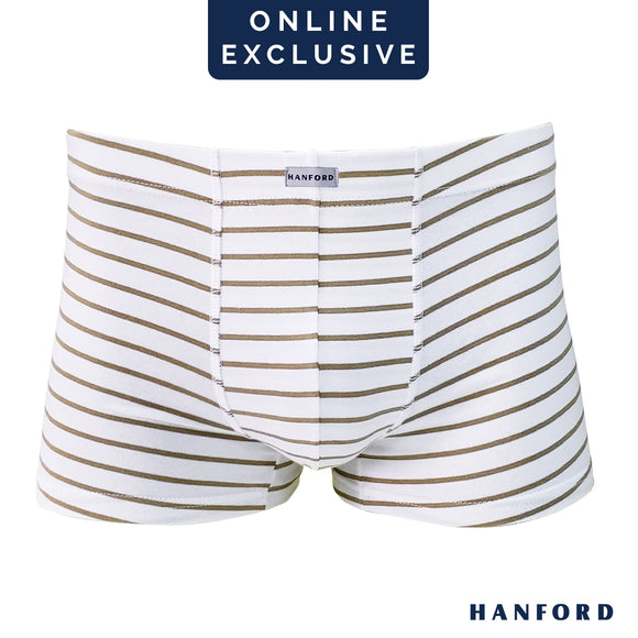 Hanford Men Cotton w/ Spandex Inside Garter Boxer Briefs Stripes - White & Khaki Lines (Single Pack)