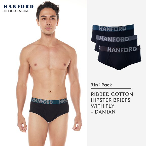 Hanford Men Premium Ribbed Cotton Modern Hipster Briefs w/ Fly Opening Damian - Assorted (3in1 Pack)