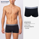 Hanford Men Natural Cotton Knit Boxer Briefs No Spandex OG Dune - Black (Single Pack) S-2X