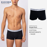 Hanford Men Natural Cotton Knit Boxer Briefs No Spandex OG Waze - Black (Single Pack) S-2X
