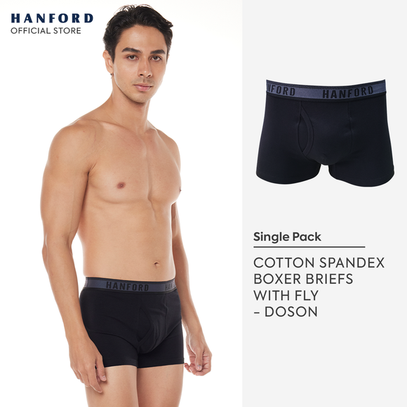 Hanford Men Cotton w/ Spandex Boxer Briefs w/ Fly Opening Doson - Black (Single Pack) S-4X Big Plus Size