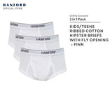 Hanford Kids/Teens Premium Ribbed Cotton Hipster Briefs W/ Fly Opening Finn W200 - White (3in1 Pack)