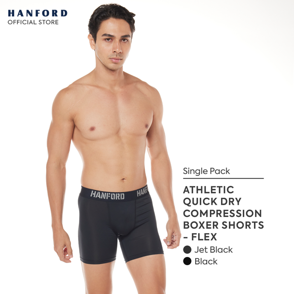 Hanford Athletic Men Pro Cool 2.0 Quick Dry Compression Boxer Shorts Flex02 - Jet Black (Single Pack)