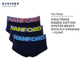 Hanford Kids/Teens Premium Ribben Cotton Hipster Briefs W/ Fly Opening Flynt - Assorted (3in1 Pack)