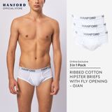 Hanford Men Premium Ribbed Cotton Modern Hipster Briefs W/ Fly Opening Gian - White (3in1 Pack)