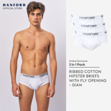 Hanford Men Premium Ribbed Cotton Modern Hipster Briefs W/ Fly Opening Gian - White (3in1 Pack)