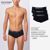 Hanford Men Premium Ribbed Cotton Modern Hipster Briefs W/ Fly Opening Gibb Gino - Black / Gray (3in1 Pack)
