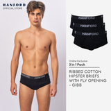 Hanford Men Premium Ribbed Cotton Modern Hipster Briefs W/ Fly Opening Gibb Gino - Black / Gray (3in1 Pack)