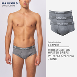 Hanford Men Premium Ribbed Cotton Modern Hipster Briefs W/ Fly Opening Gibb Gino - Black / Gray (3in1 Pack)
