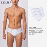 Hanford Men Premium Ribbed Cotton Hipster Briefs - White (3in1 Pack)