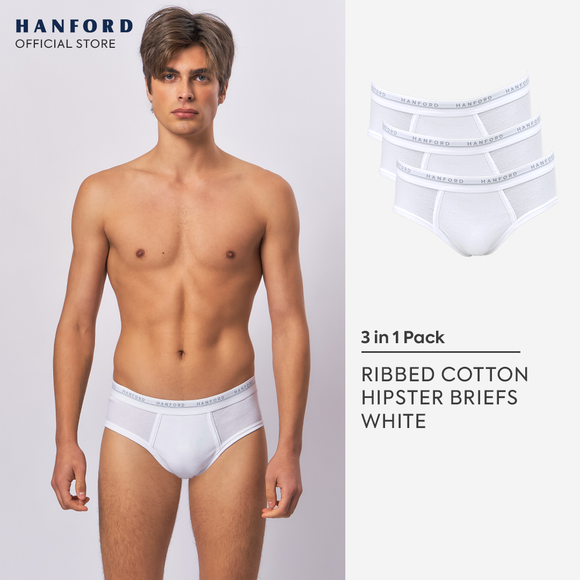 Hanford Men Premium Ribbed Cotton Hipster Briefs - White (3in1 Pack)