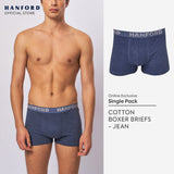 Hanford Men Natural Cotton Knit Comfort Boxer Briefs (No Spandex) - OG Jean (Single Pack) S-4X Big Plus Size