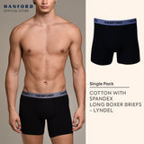 Hanford Men Cotton w/ Spandex Long Leg Boxer Briefs Lyndel  - Black / Lyndon - Collegiate Blue (SinglePack)