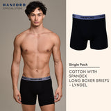 Hanford Men Cotton w/ Spandex Long Leg Boxer Briefs Lyndel  - Black / Lyndon - Collegiate Blue (SinglePack)