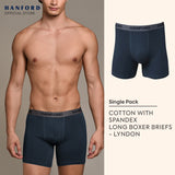 Hanford Men Cotton w/ Spandex Long Leg Boxer Briefs Lyndel  - Black / Lyndon - Collegiate Blue (SinglePack)