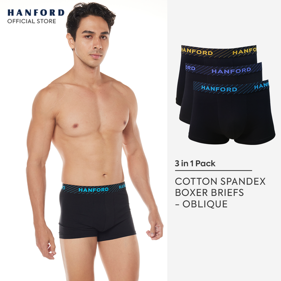 Hanford Men Cotton w/ Spandex Boxer Briefs Oblique - Black/Assorted Logo (3in1 Pack)