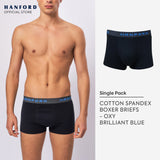 Hanford Men Cotton w/ Spandex Boxer Briefs Oxy - Black/Brilliant Blue Logo (Single Pack)