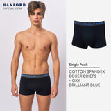 Hanford Men Cotton w/ Spandex Boxer Briefs Oxy - Black/Brilliant Blue Logo (Single Pack)