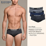 Hanford Men Premium Ribbed Cotton Modern Hipster Briefs w/ Fly Opening Braxton - Assorted (3in1 Pack) S-2X