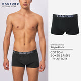 Hanford Men Natural Cotton Knit Comfort Boxer Briefs (No Spandex) - OG Phantom (Single Pack) S-4X Big Plus Size