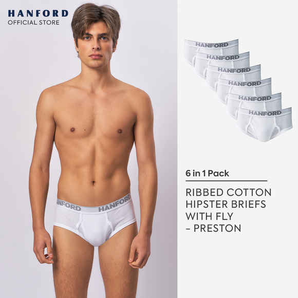 Hanford Men Premium Ribbed Cotton Modern Hipster Briefs w/ Fly Opening Preston - White (6in1 Value Pack / Half Dozen)