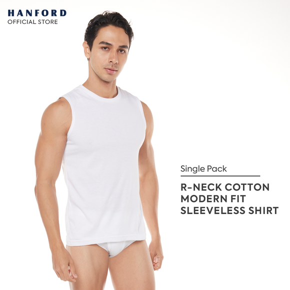 Hanford Men R-Neck Cotton Knit Single Jersey Modern Fit Sleeveless Shirt - White (Single Pack)
