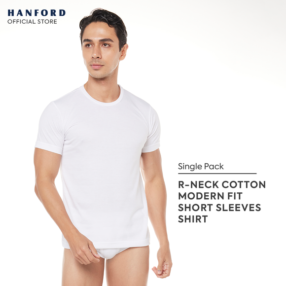 Hanford Men R-Neck Cotton Knit Modern Fit Short Sleeves Shirt - White (Single Pack)