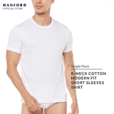 Hanford Men R-Neck Cotton Knit Modern Fit Short Sleeves Shirt - White (Single Pack)