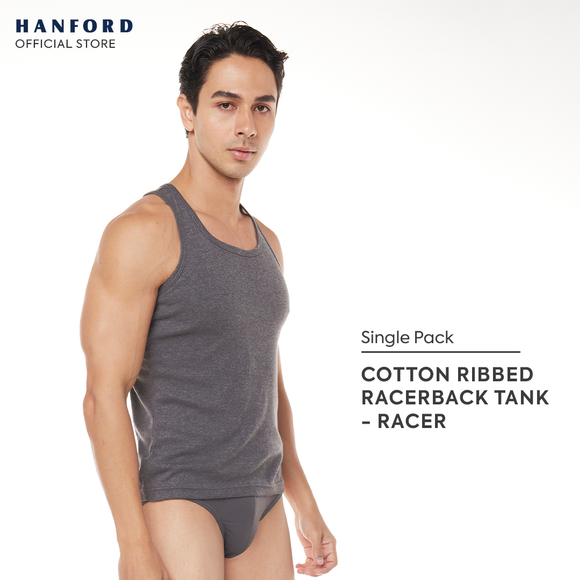 Hanford Men Regular Cotton Racerback Muscle Rib Tank Racer - Acid Black Ribbed Fabric (Single Pack)